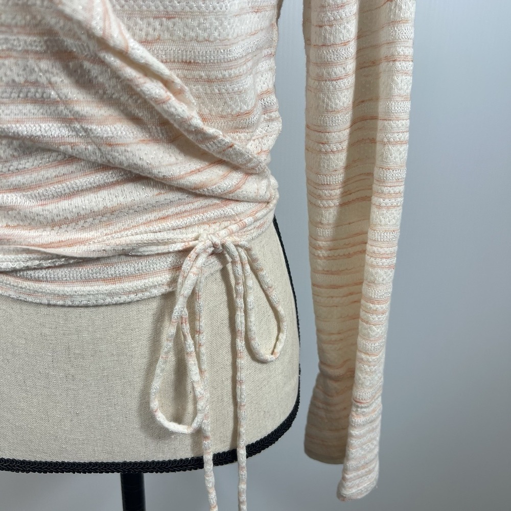 Free People Eloise Wrap Top Size M Tie Cropped Long Sleeve Striped Cotton Blend - Picture 4 of 10